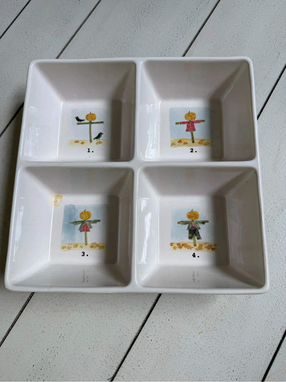 Square Ceramic Divided Snack Dish with Pumpkin Scarecrow Motif
